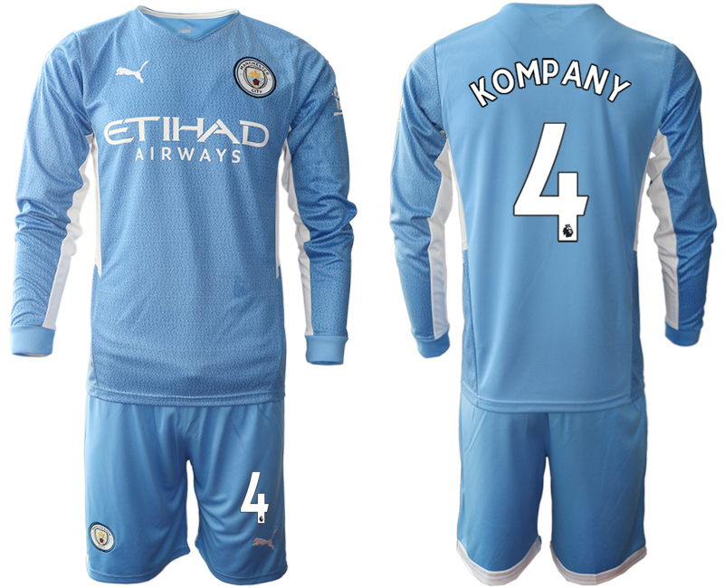 Men 2021-2022 Club Manchester city home Light blue Long Sleeve #4 Soccer Jersey->manchester city jersey->Soccer Club Jersey